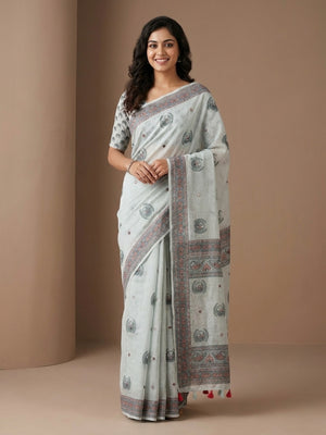 Peachmode Grey Peacock Printed Linen Saree With Mirror Work - Image 1