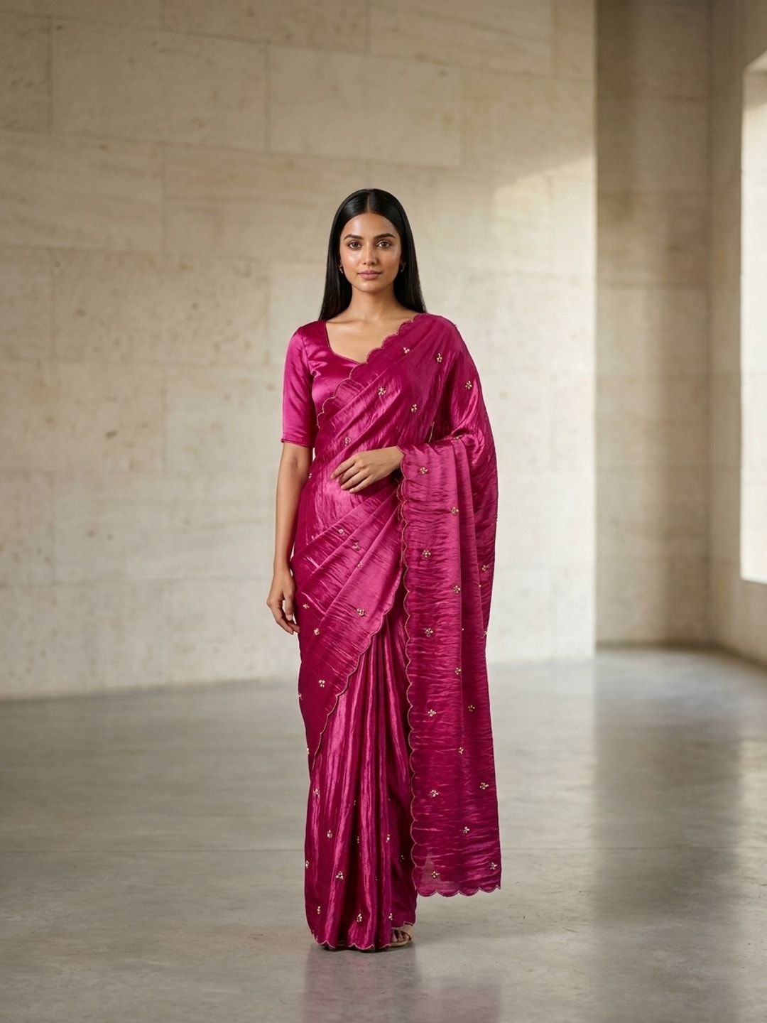 Peachmode Magenta Fendy Satin Saree With Beads Work - Image 1