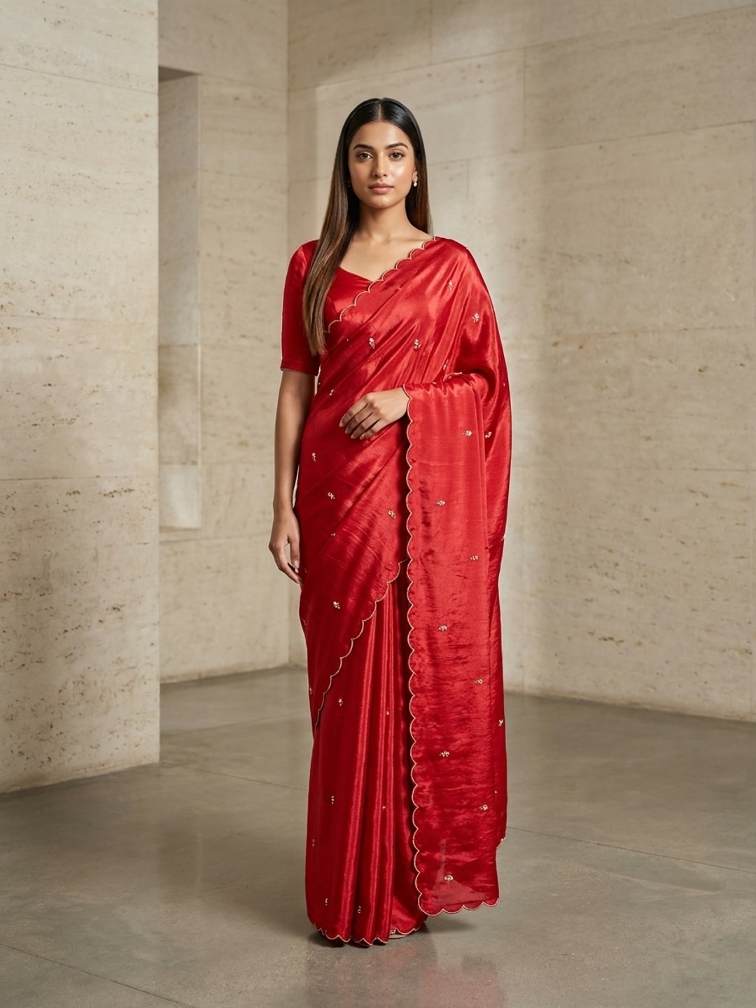 Peachmode Red Fendy Satin Saree With Beads Work - Image 1
