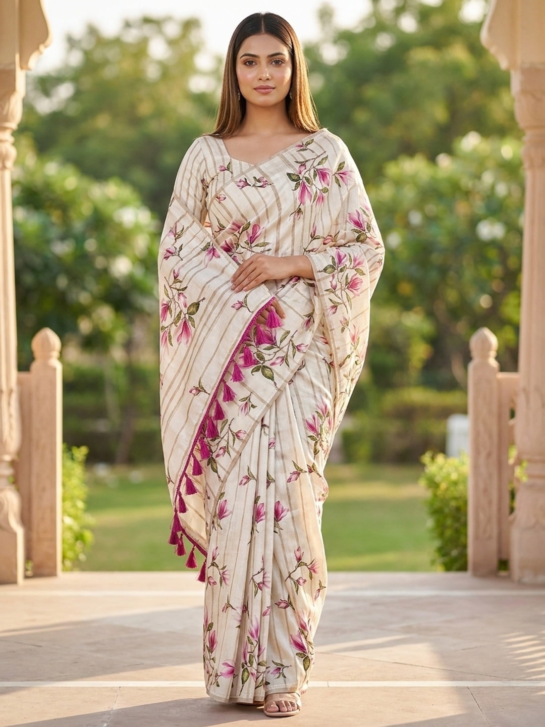 Peachmode Offwhite Floral Printed Art Silk Saree - Image 1