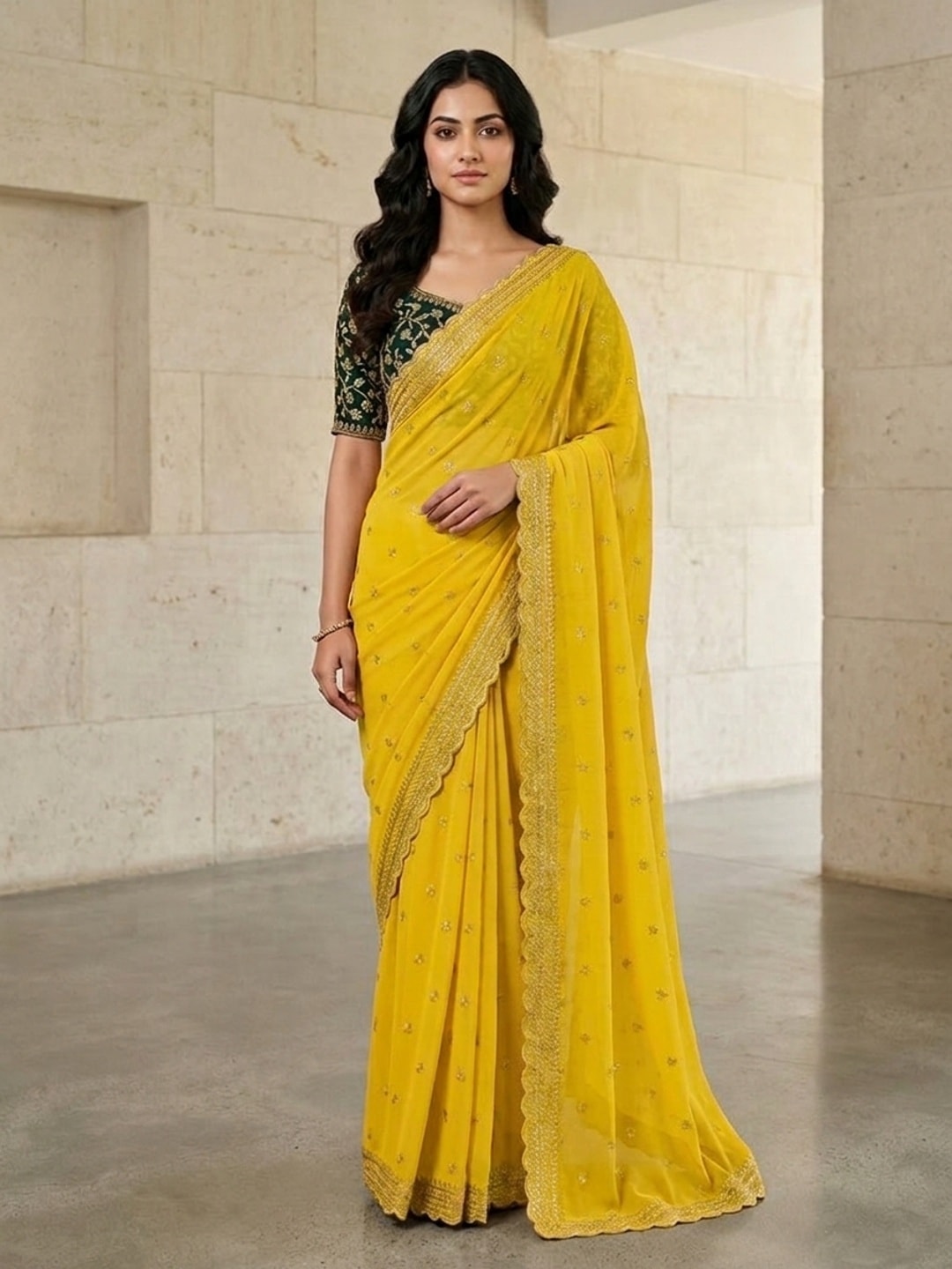 Peachmode Yellow Embroidered Georgette Saree - Image 1
