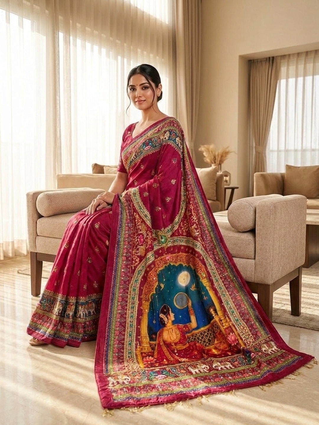Peachmode Multicolor Karwa Chauth Printed Chinon Saree With Mirror Work - Image 1