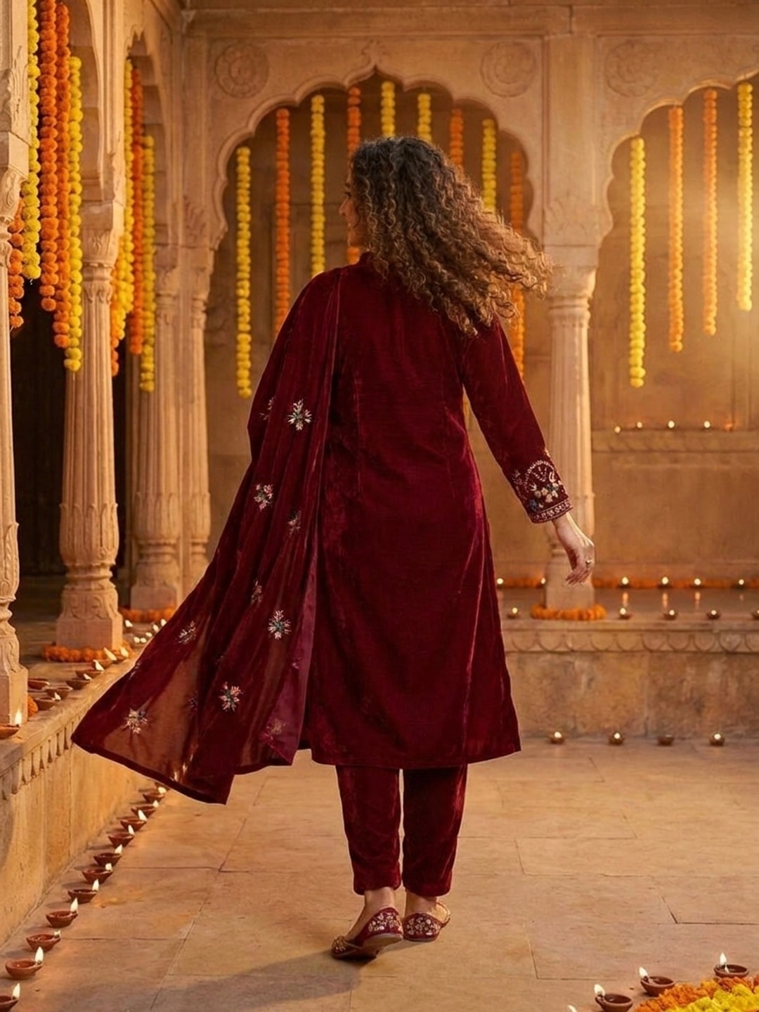 Peachmode Maroon Beaded Embroidered Velvet Salwar Suit with Dupatta - Image 4