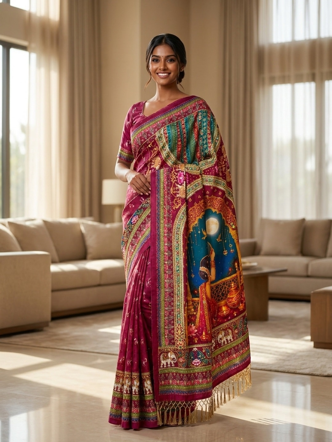 Peachmode Multicolor Karwa Chauth Printed Chinon Saree With Mirror Work - Image 2
