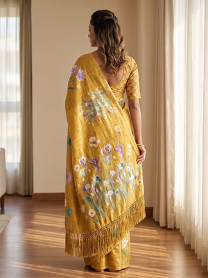 Peachmode Mustard Digital Printed Erod Silk Saree - Image 2