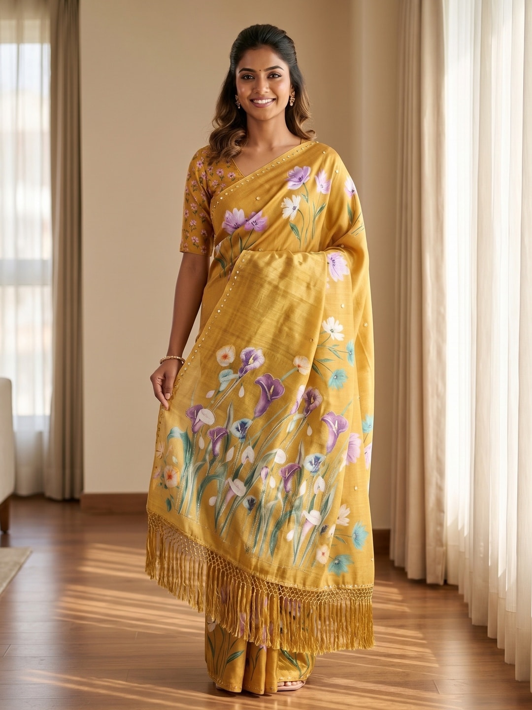 Peachmode Mustard Digital Printed Erod Silk Saree - Image 3