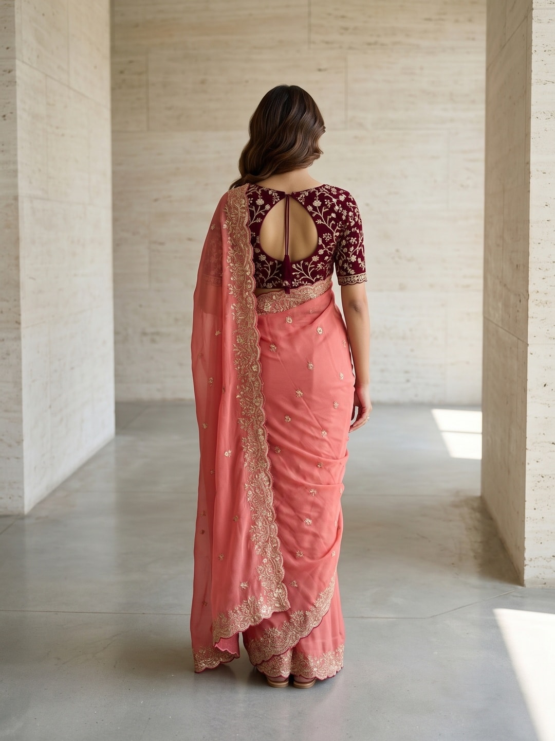 Peachmode Coral Embroidered Georgette Saree - Image 2