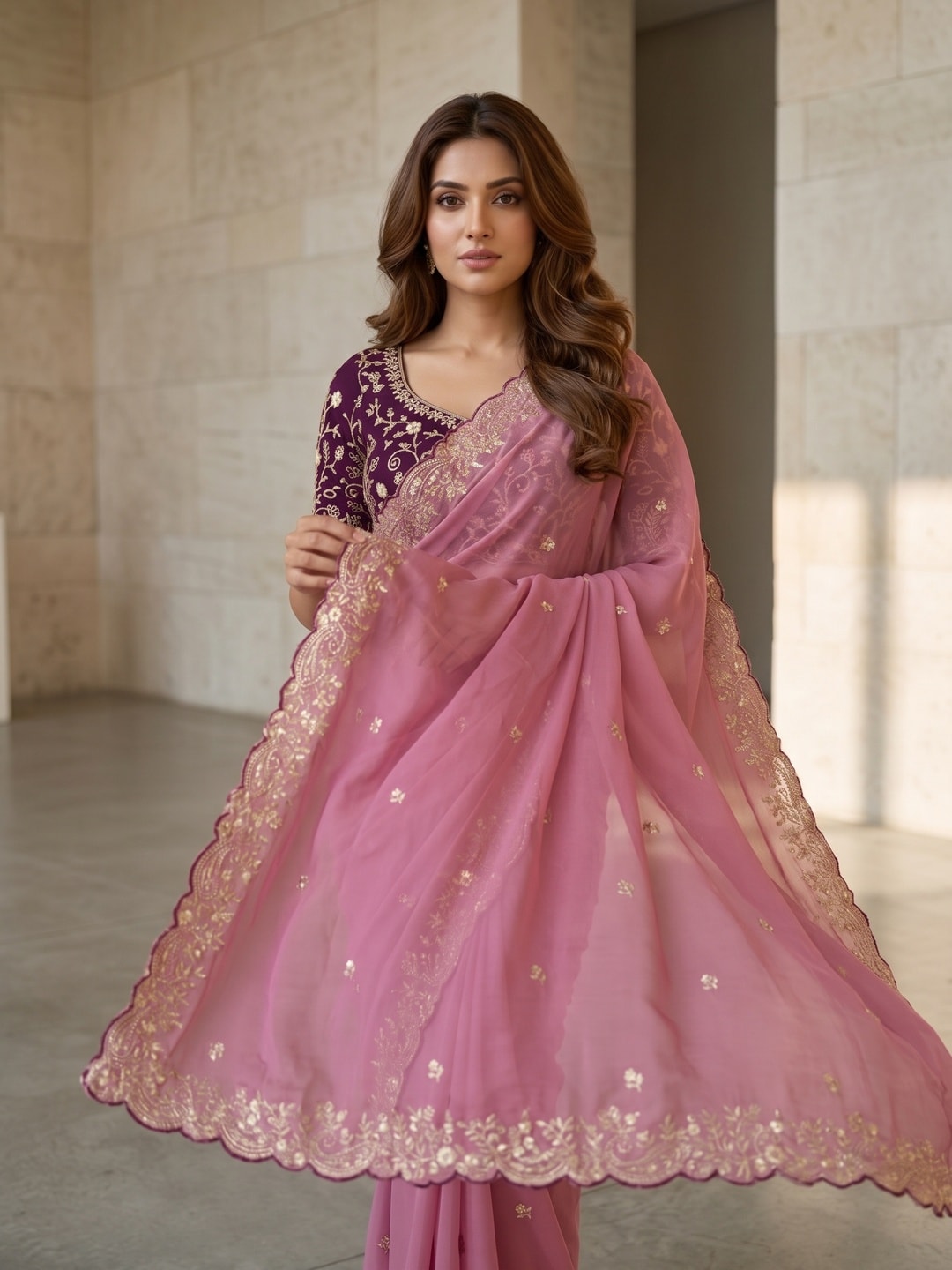 Peachmode Pink Embroidered Georgette Saree - Image 3