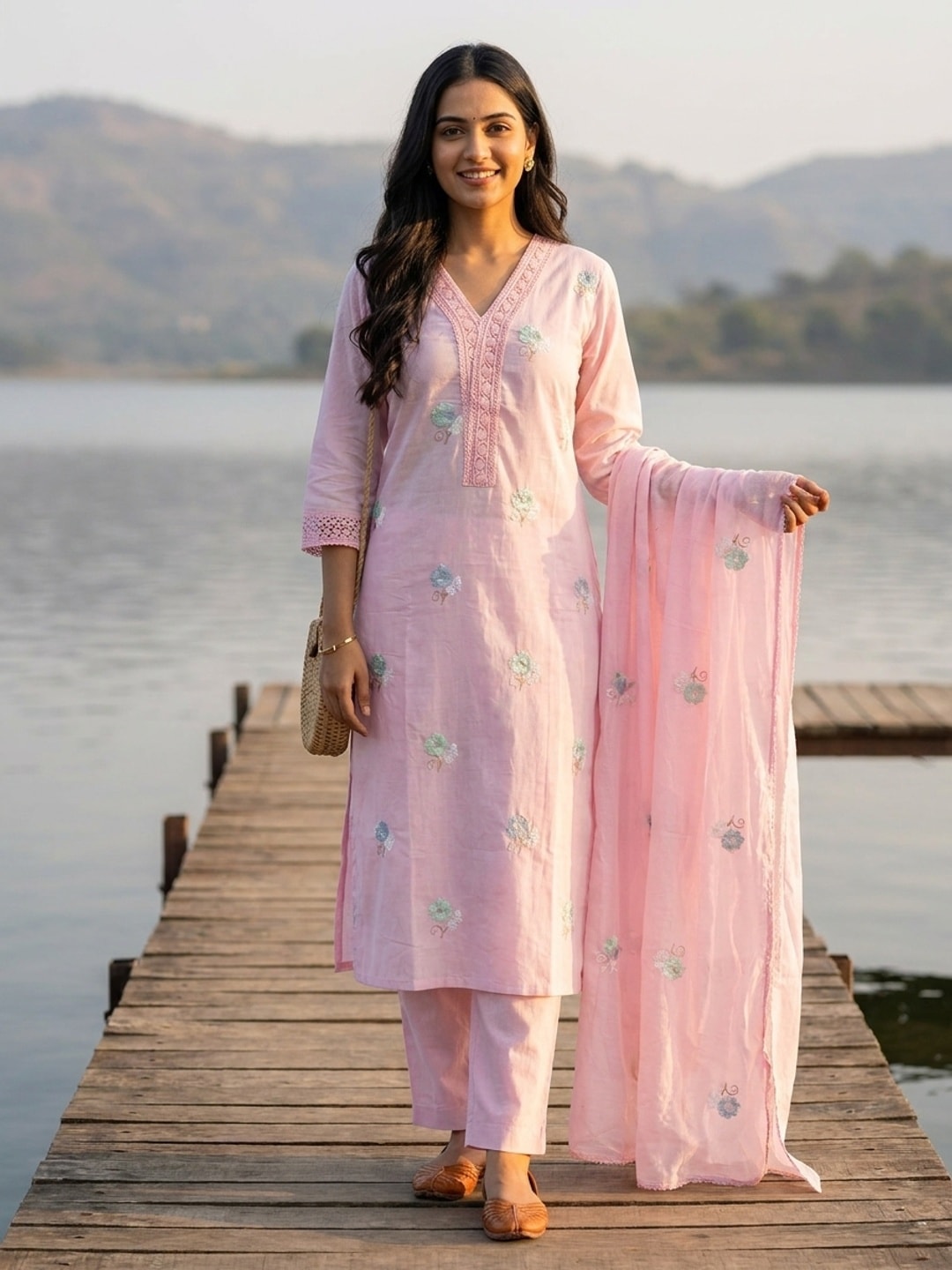 Peachmode Pink Mul Cotton Embroidered Salwar Suit - Image 1