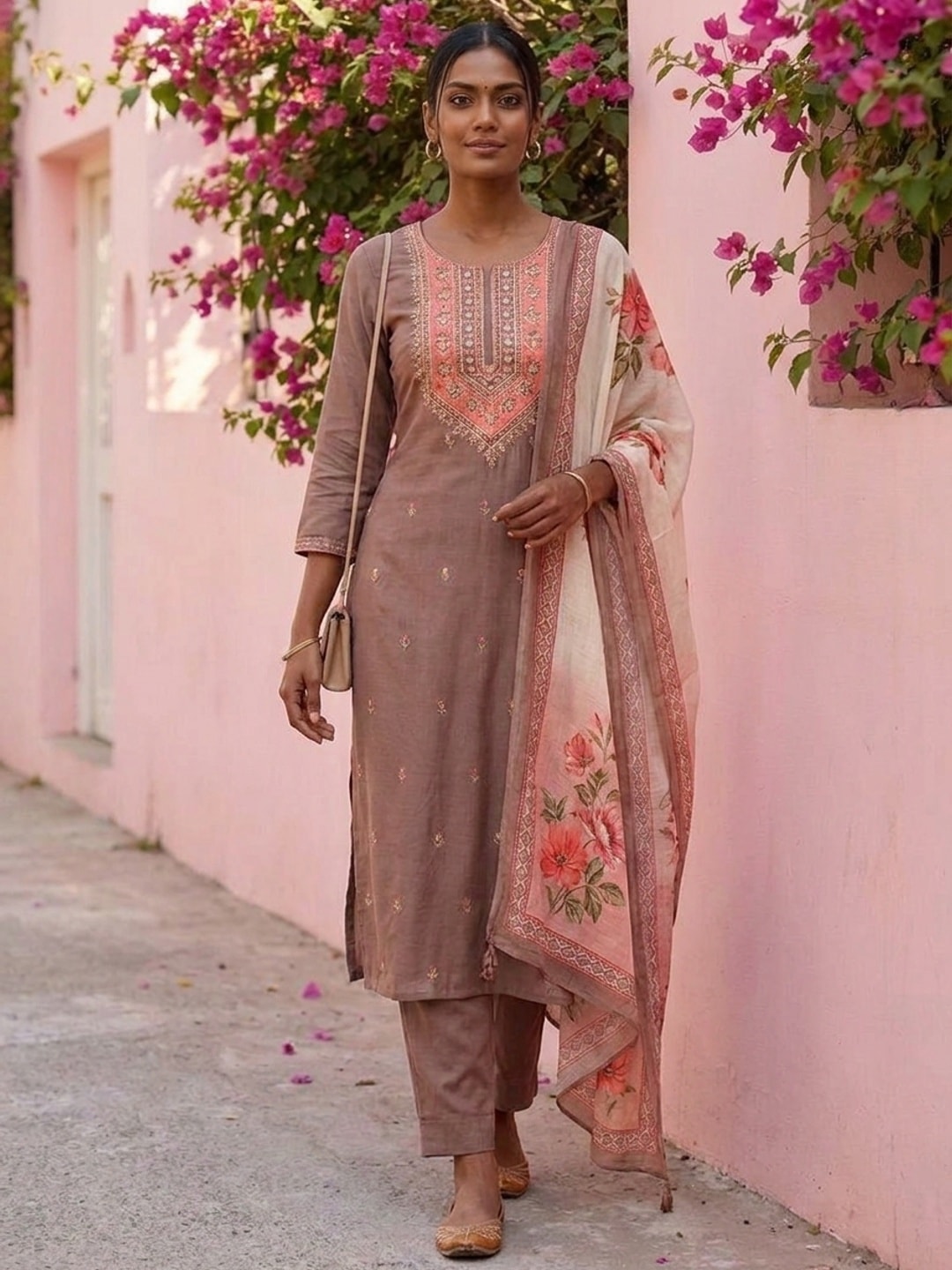 Peachmode Muslin Embroidered Yoke Salwar Suit With Floral Print Dupatta - Image 2