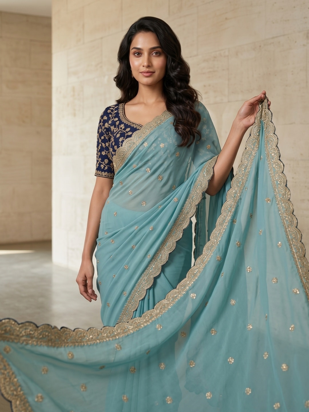 Peachmode Sky Blue Embroidered Georgette Saree - Image 3