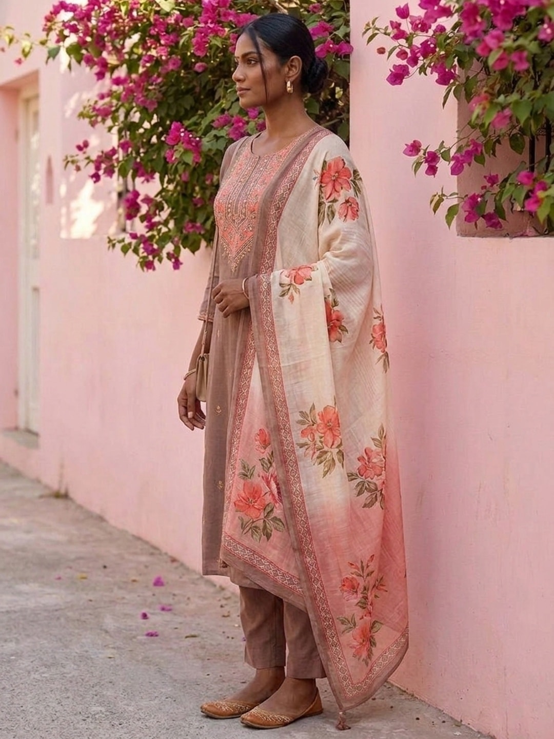 Peachmode Muslin Embroidered Yoke Salwar Suit With Floral Print Dupatta - Image 3