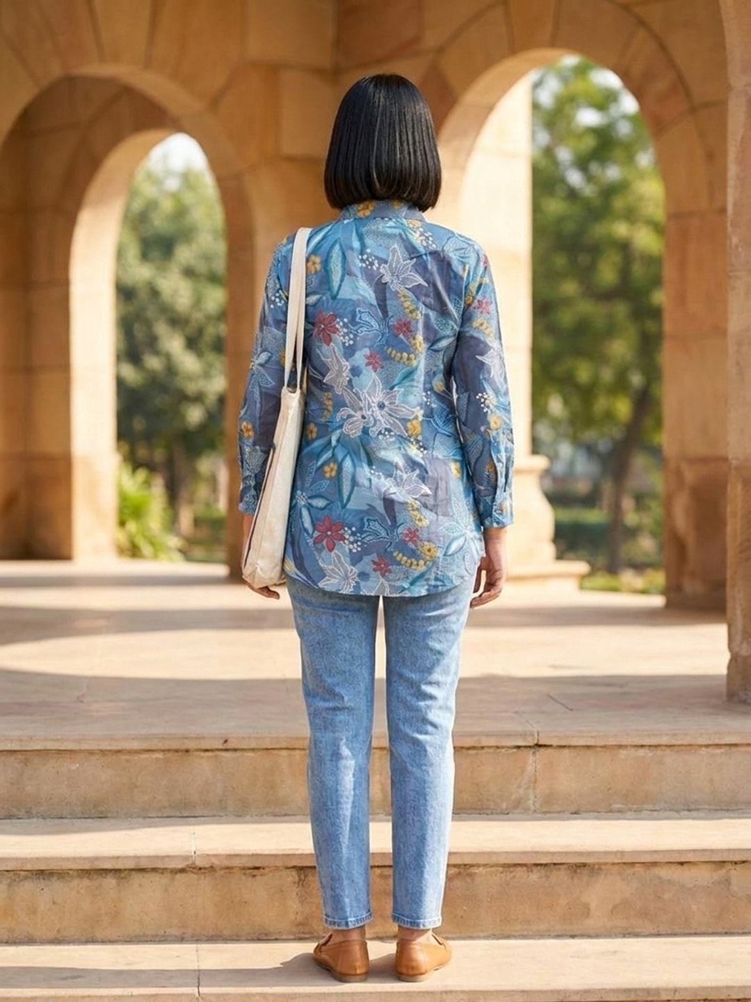 Peachmode Blue Floral Print Cotton Shirt - Image 3