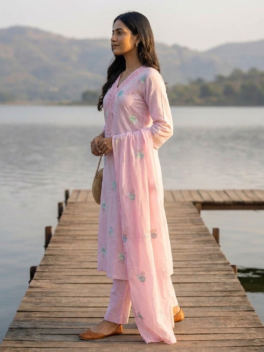 Peachmode Pink Mul Cotton Embroidered Salwar Suit - Image 4