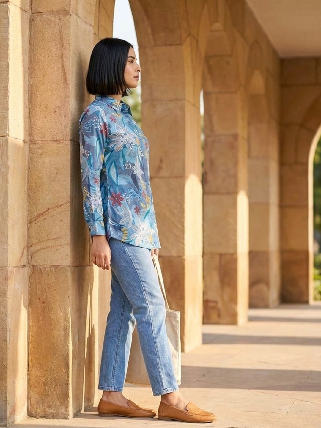 Peachmode Blue Floral Print Cotton Shirt - Image 5