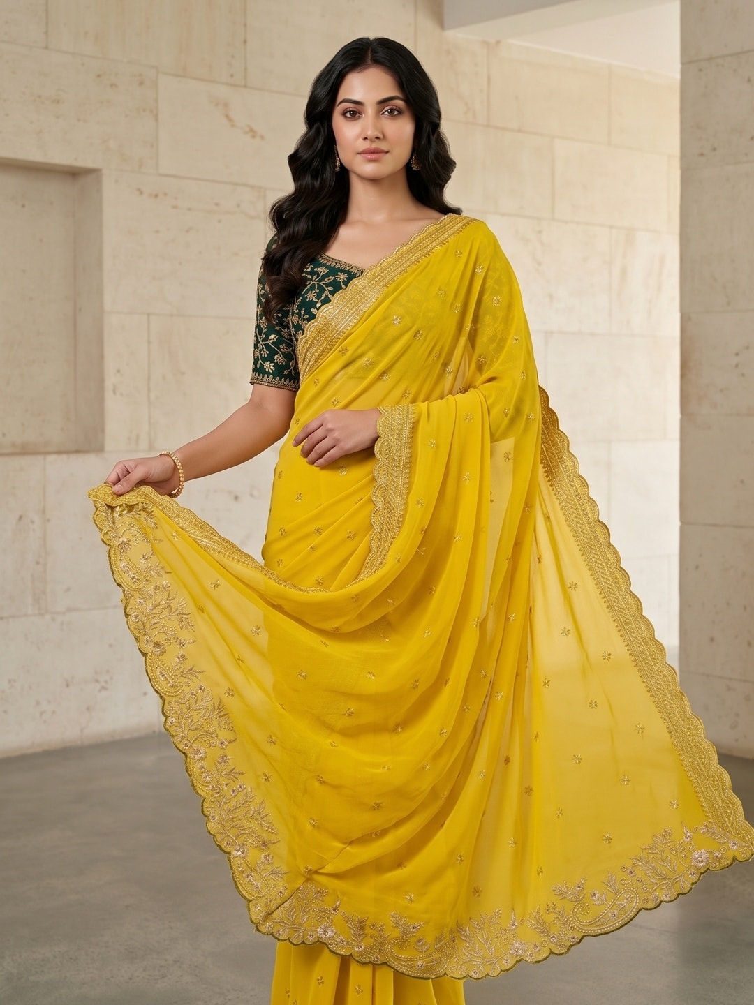 Peachmode Yellow Embroidered Georgette Saree - Image 3