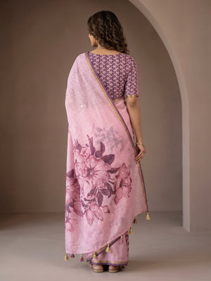 Peachmode Pink Floral Printed Linen Saree With Mirror Work - Image 2
