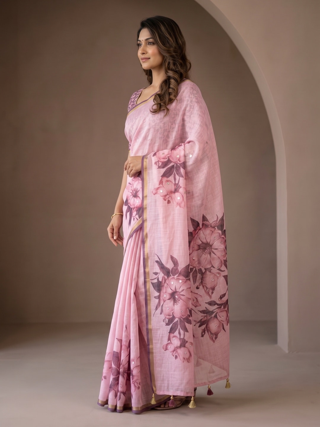 Peachmode Pink Floral Printed Linen Saree With Mirror Work - Image 3