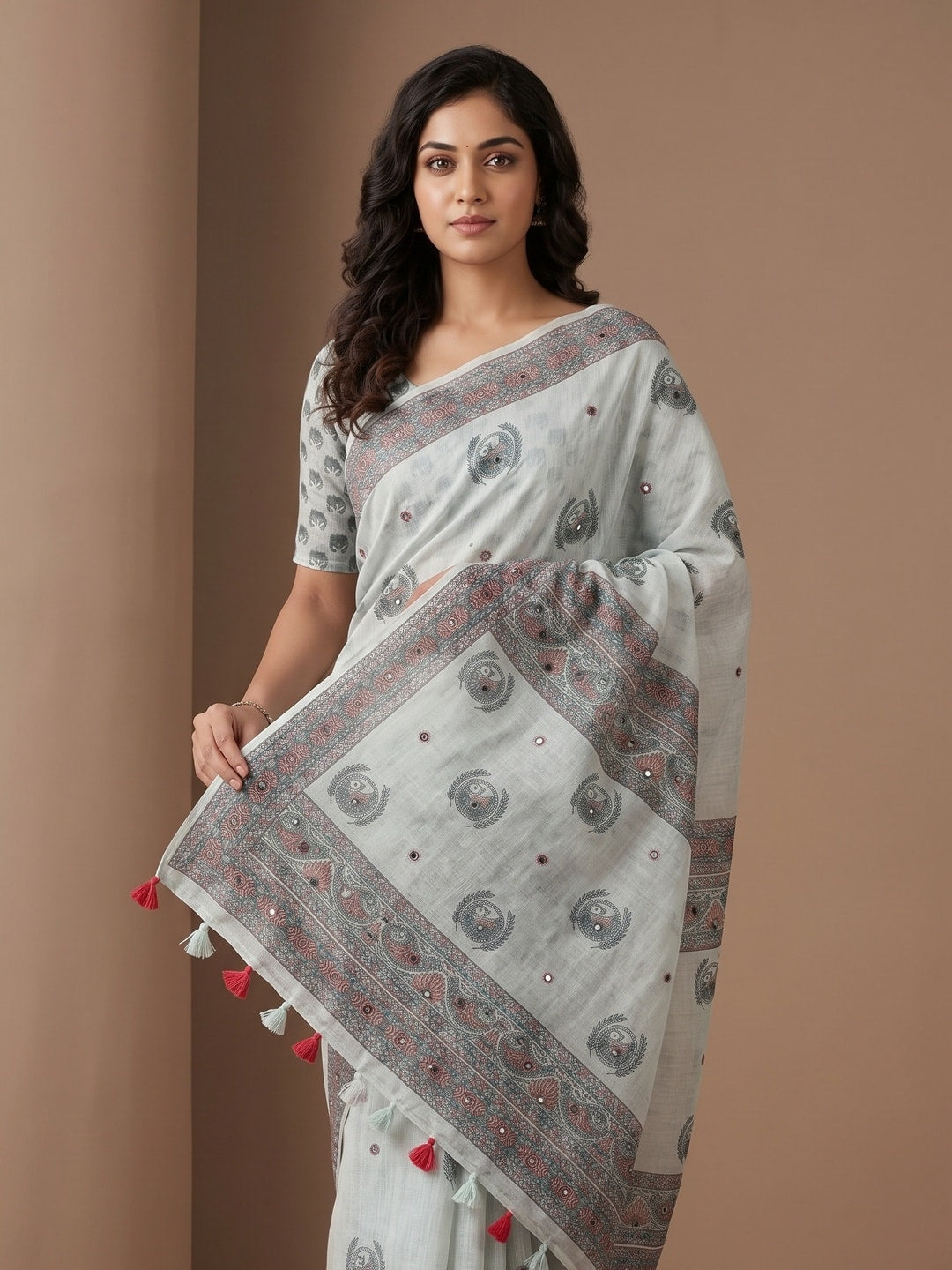 Peachmode Grey Peacock Printed Linen Saree With Mirror Work - Image 4