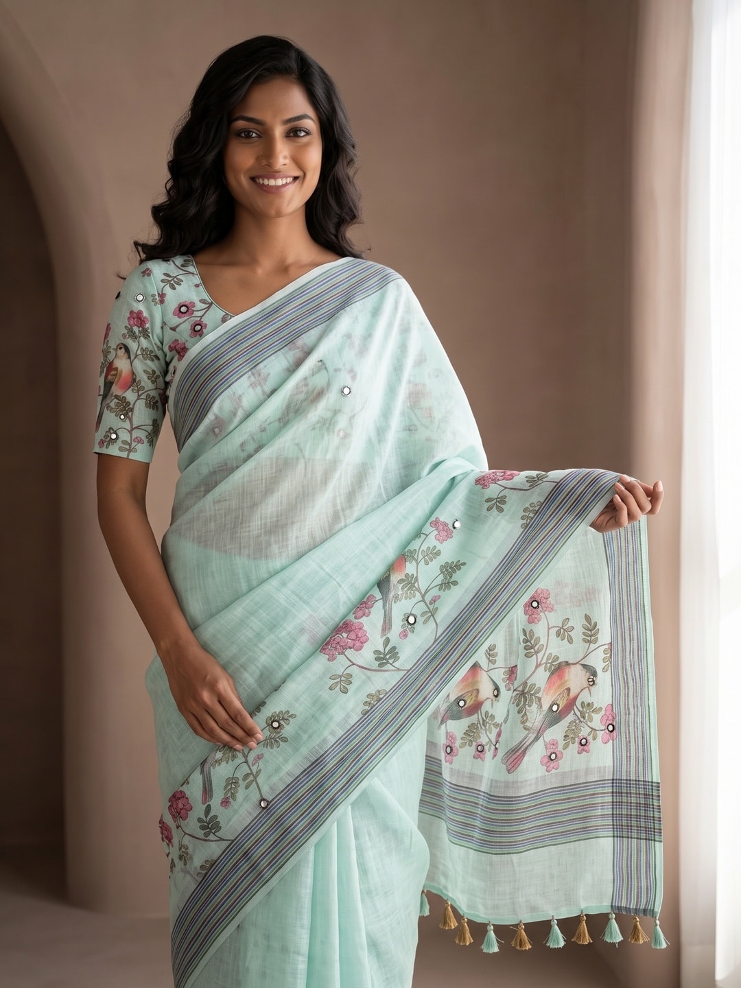 Peachmode Mint Green Bird Printed Linen Saree With Mirror Work - Image 4