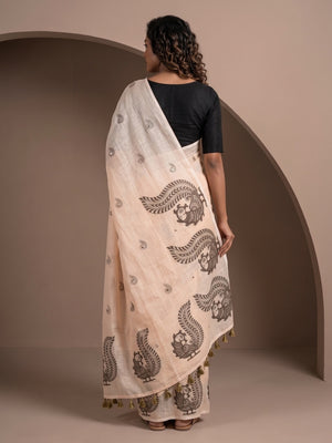 Peachmode Peach Peacock Paisley Printed Linen Saree With Mirror Work - Image 2