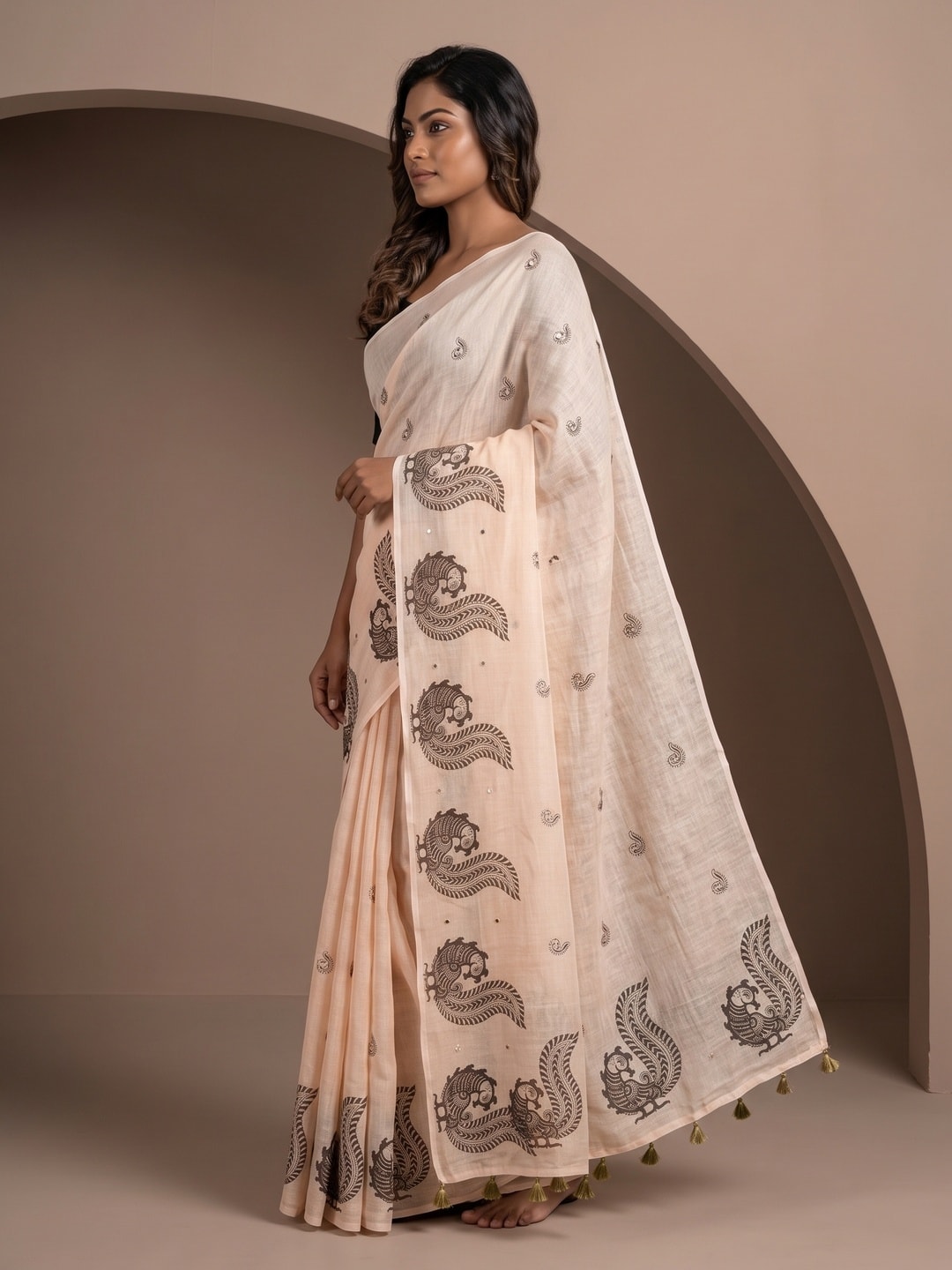 Peachmode Peach Peacock Paisley Printed Linen Saree With Mirror Work - Image 3