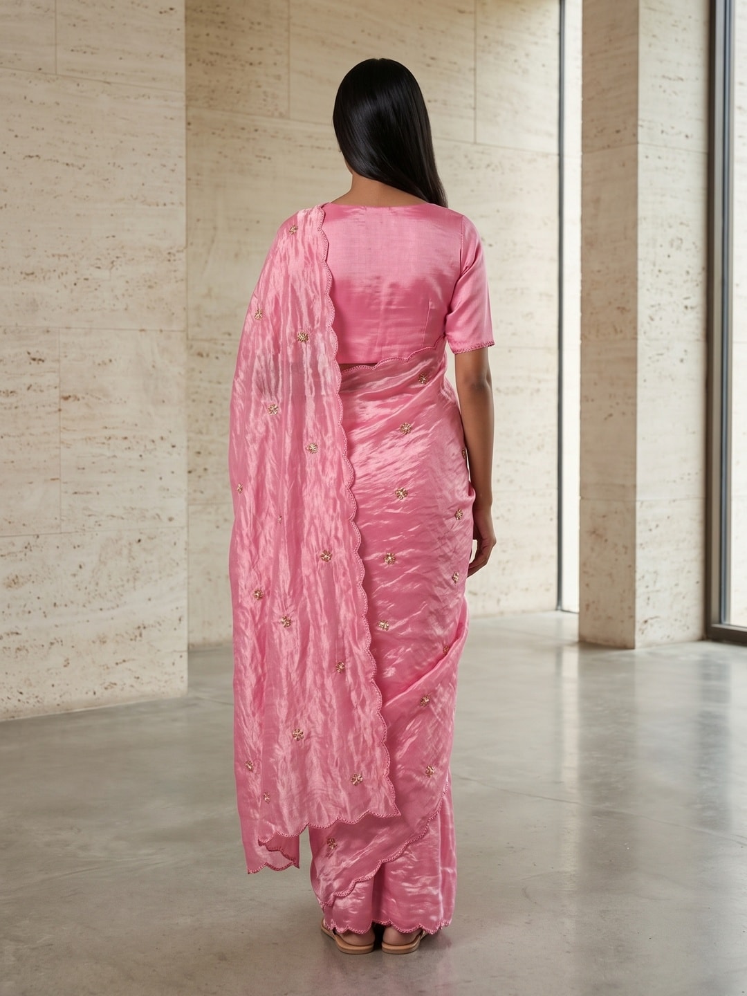 Peachmode Pink Fendy Satin Saree With Beads Work - Image 2