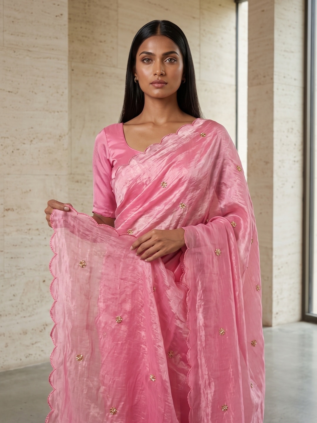 Peachmode Pink Fendy Satin Saree With Beads Work - Image 3