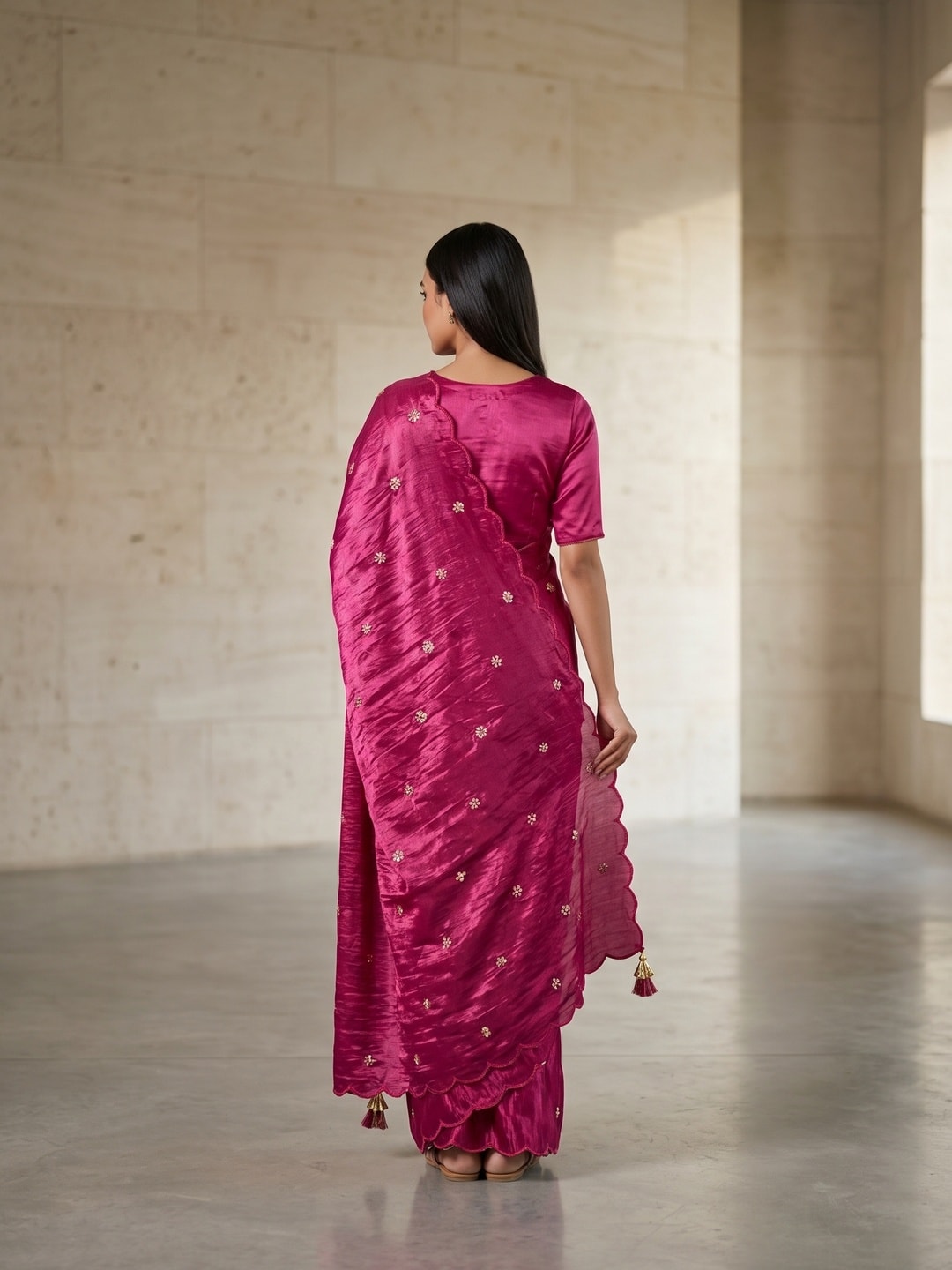 Peachmode Magenta Fendy Satin Saree With Beads Work - Image 2