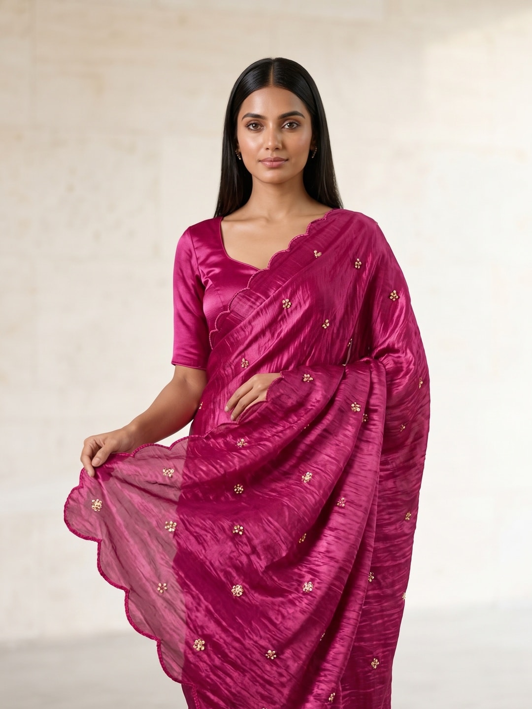 Peachmode Magenta Fendy Satin Saree With Beads Work - Image 3