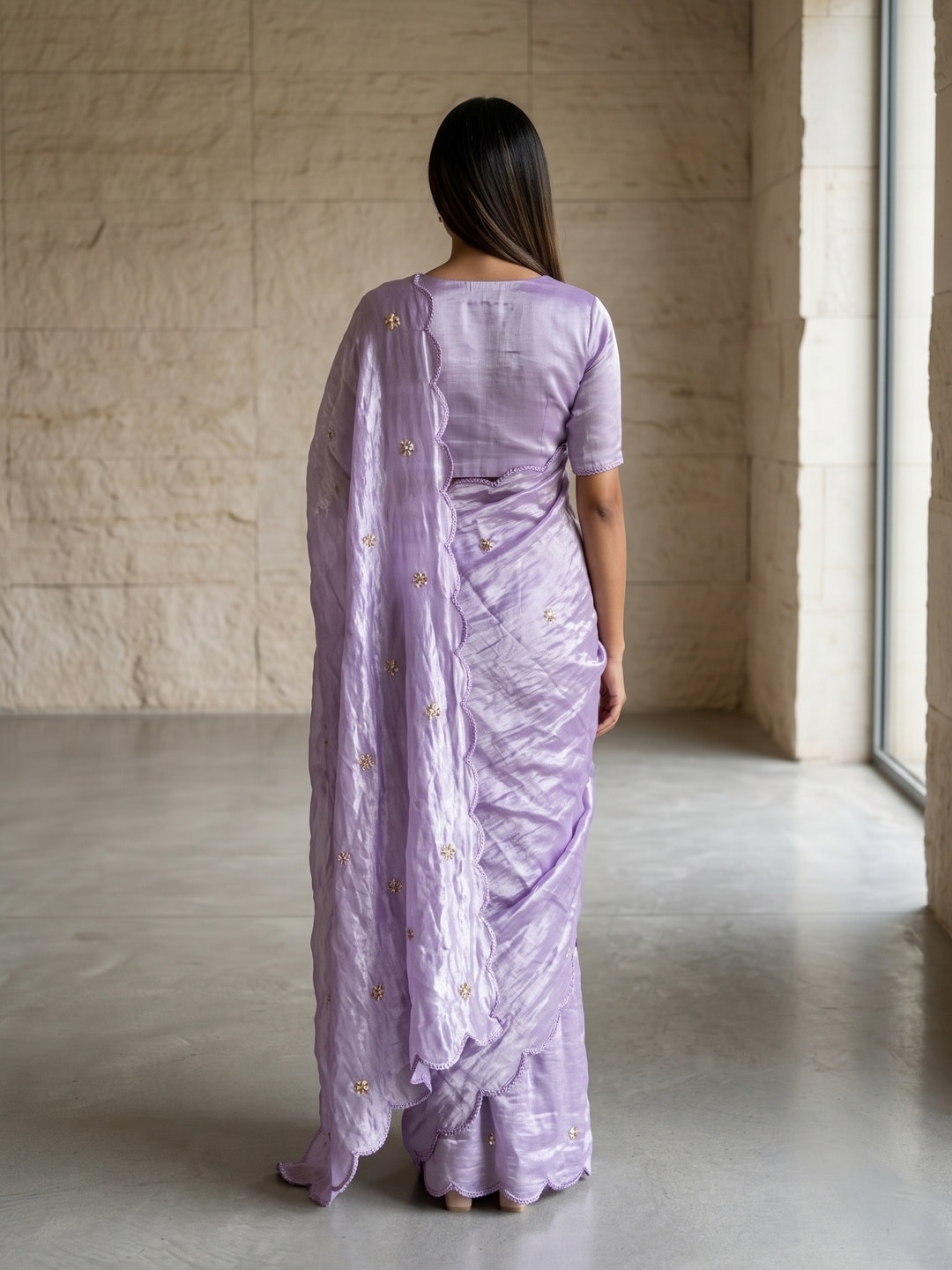 Peachmode Lavender Fendy Satin Saree With Beads Work - Image 2