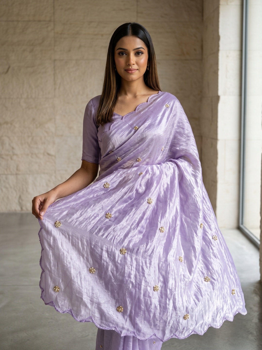 Peachmode Lavender Fendy Satin Saree With Beads Work - Image 3