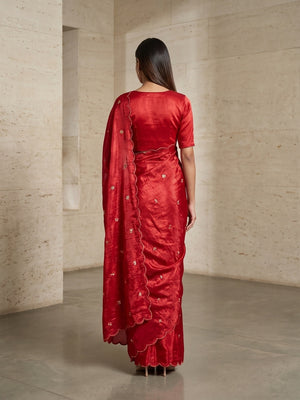 Peachmode Red Fendy Satin Saree With Beads Work - Image 2