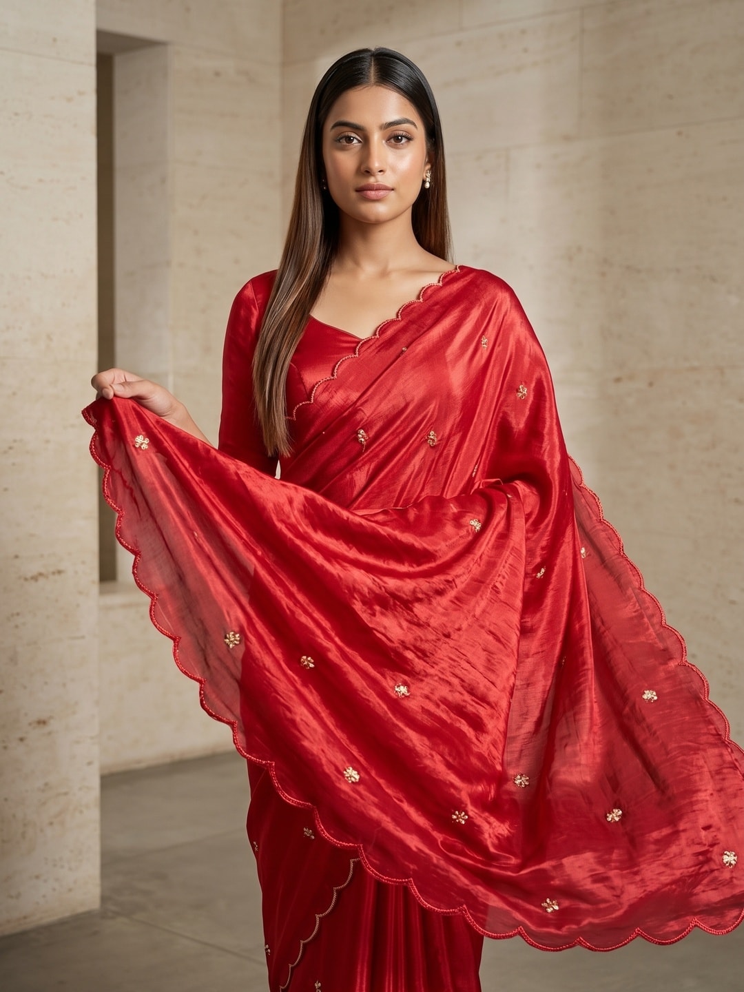 Peachmode Red Fendy Satin Saree With Beads Work - Image 3