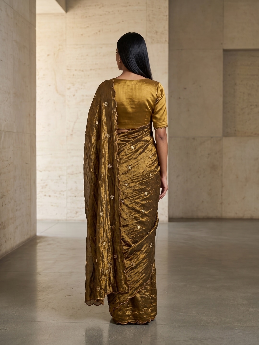 Peachmode Gold Fendy Satin Saree With Beads Work - Image 2