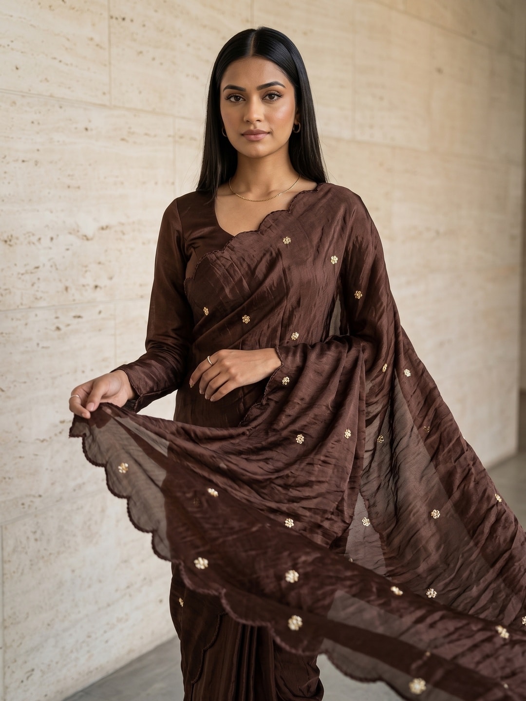 Peachmode Brown Fendy Satin Saree With Beads Work - Image 3