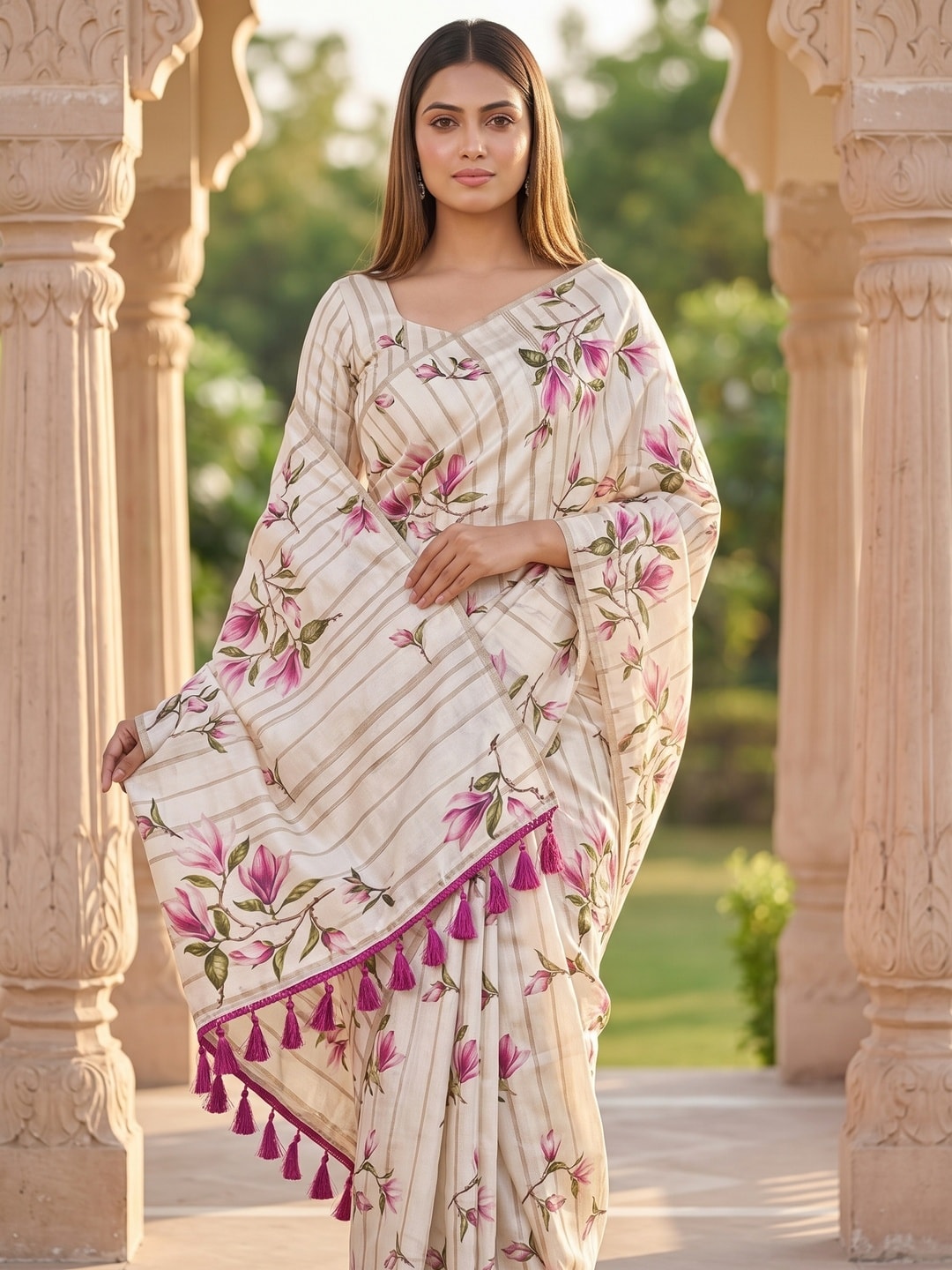 Peachmode Offwhite Floral Printed Art Silk Saree - Image 3