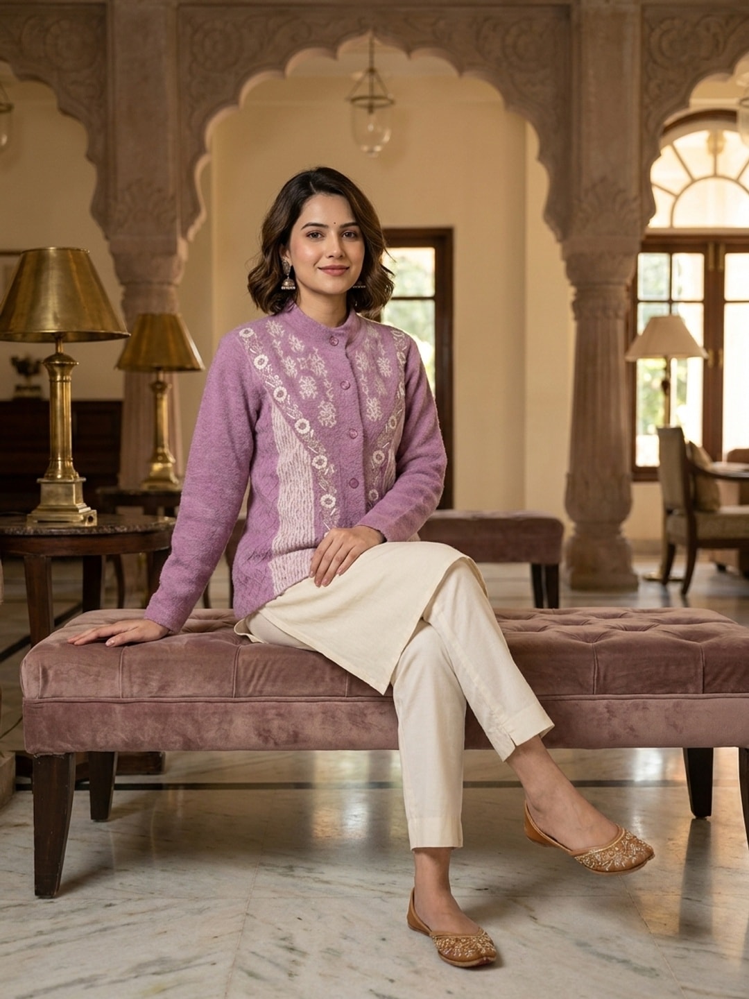 Peachmode Purple Woolen Embroidered Cardigan - Image 1