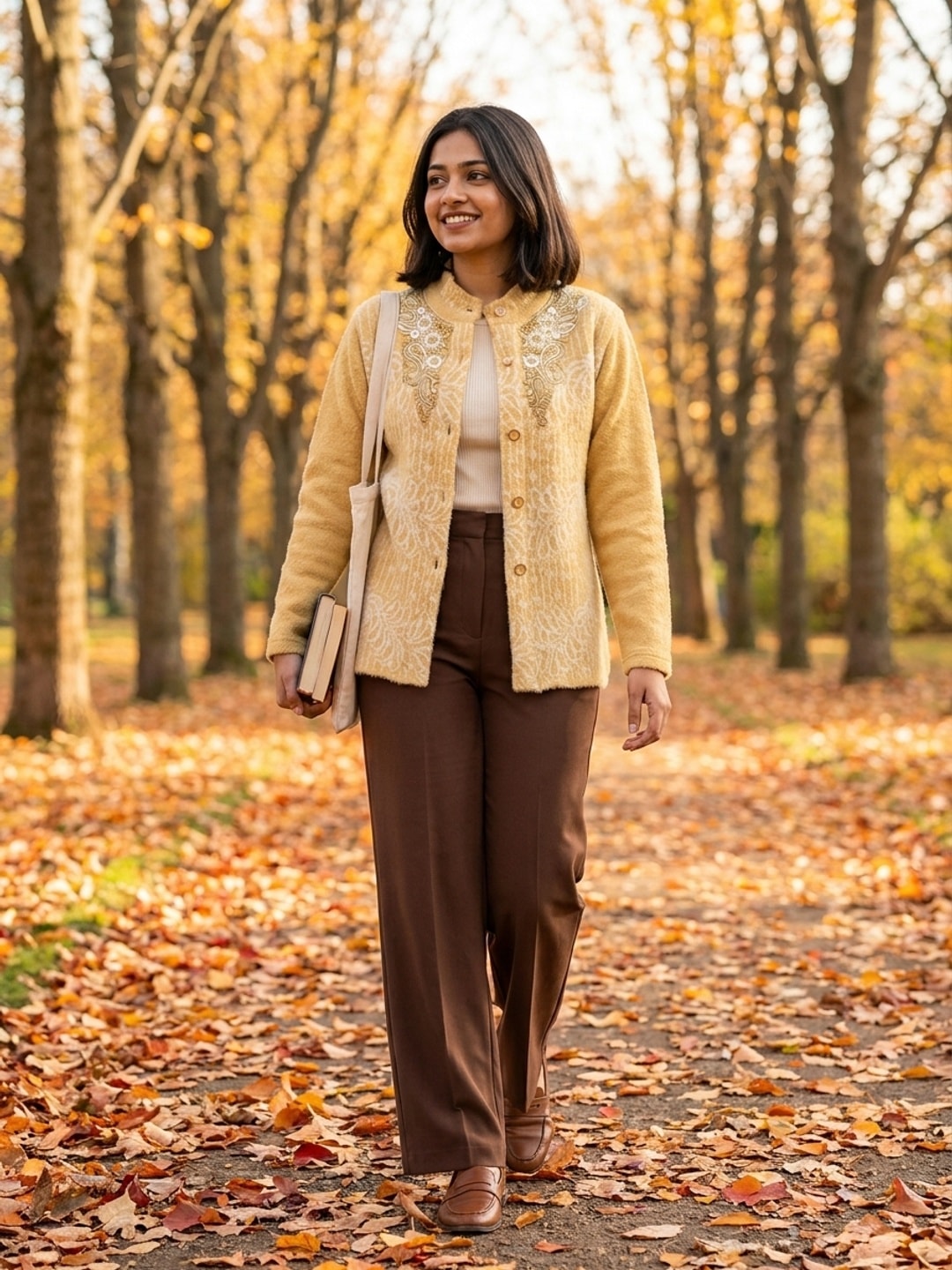 Peachmode Mustard Woolen Embroidered Cardigan - Image 1