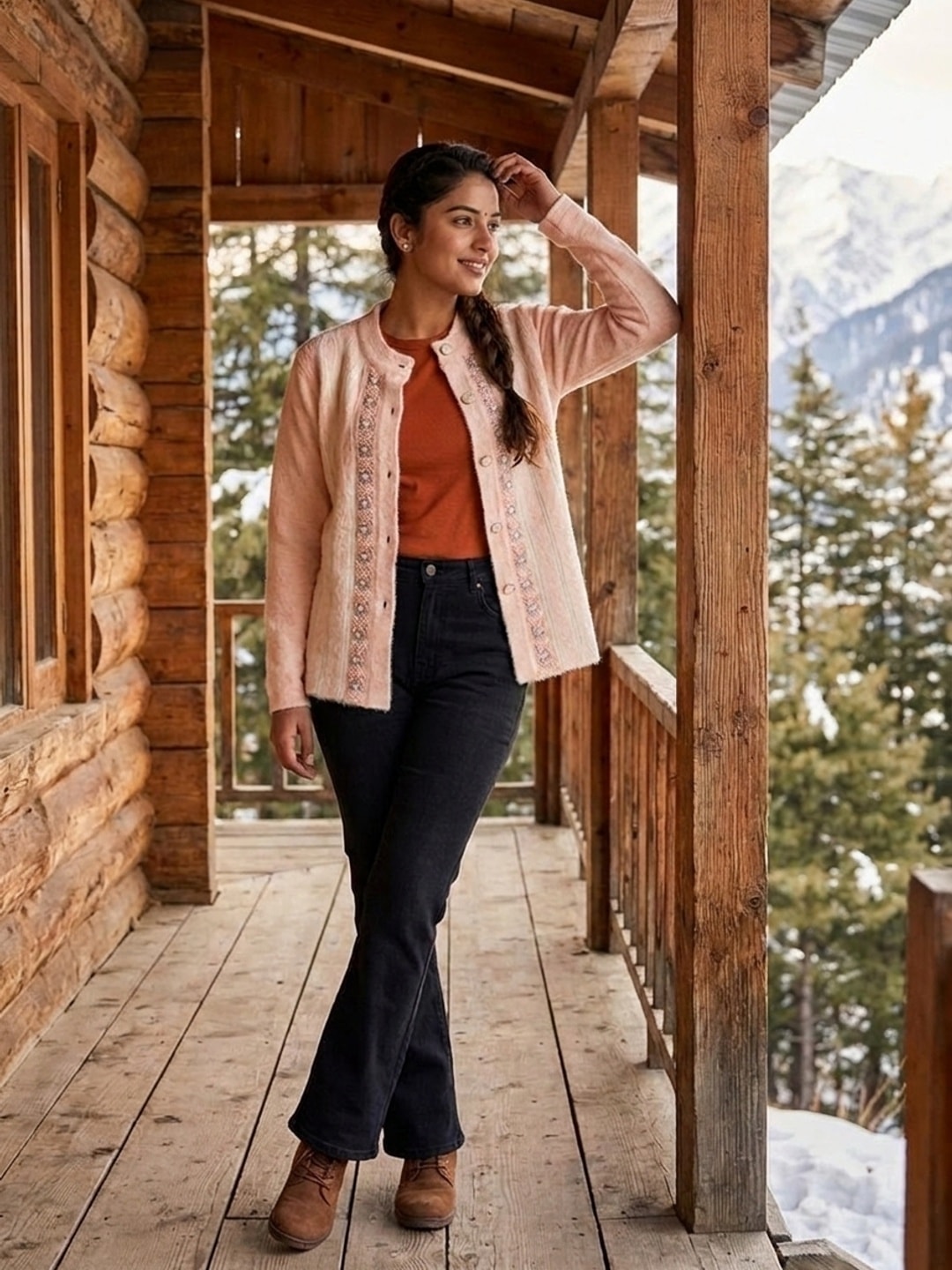 Peachmode Beige Woolen Embroidered Cardigan - Image 2