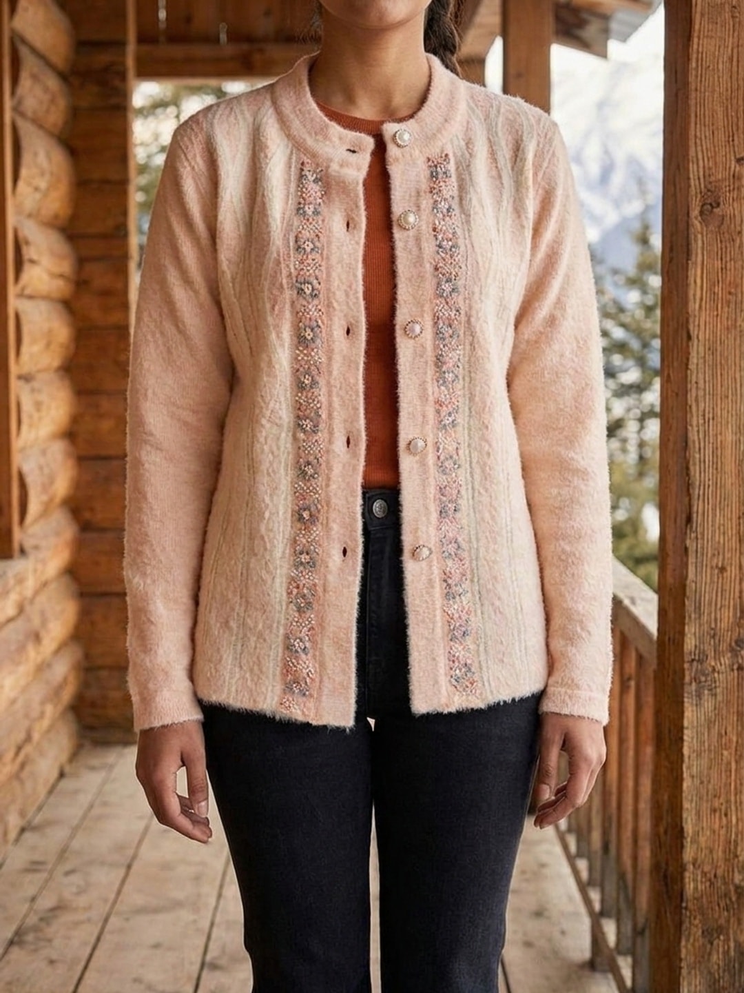Peachmode Beige Woolen Embroidered Cardigan - Image 5