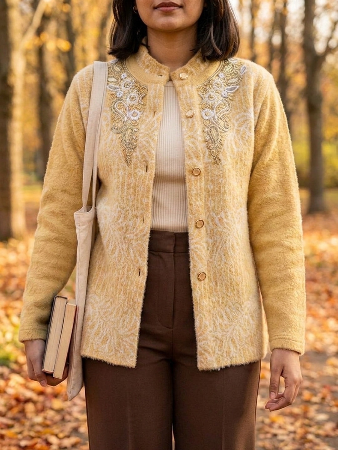 Peachmode Mustard Woolen Embroidered Cardigan - Image 5