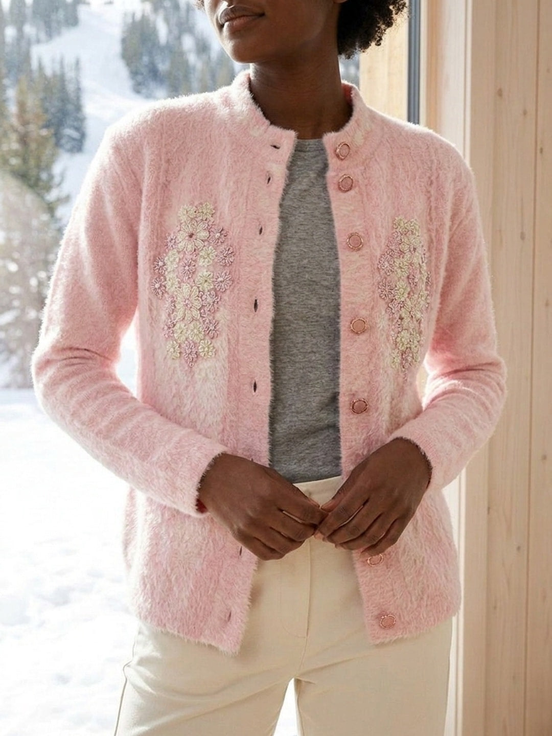 Peachmode Baby Pink Woolen Embroidered Cardigan - Image 5