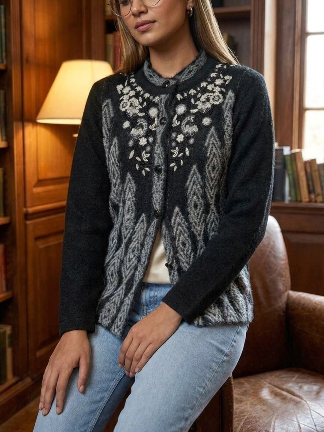 Peachmode Black Woolen Embroidered Cardigan - Image 5