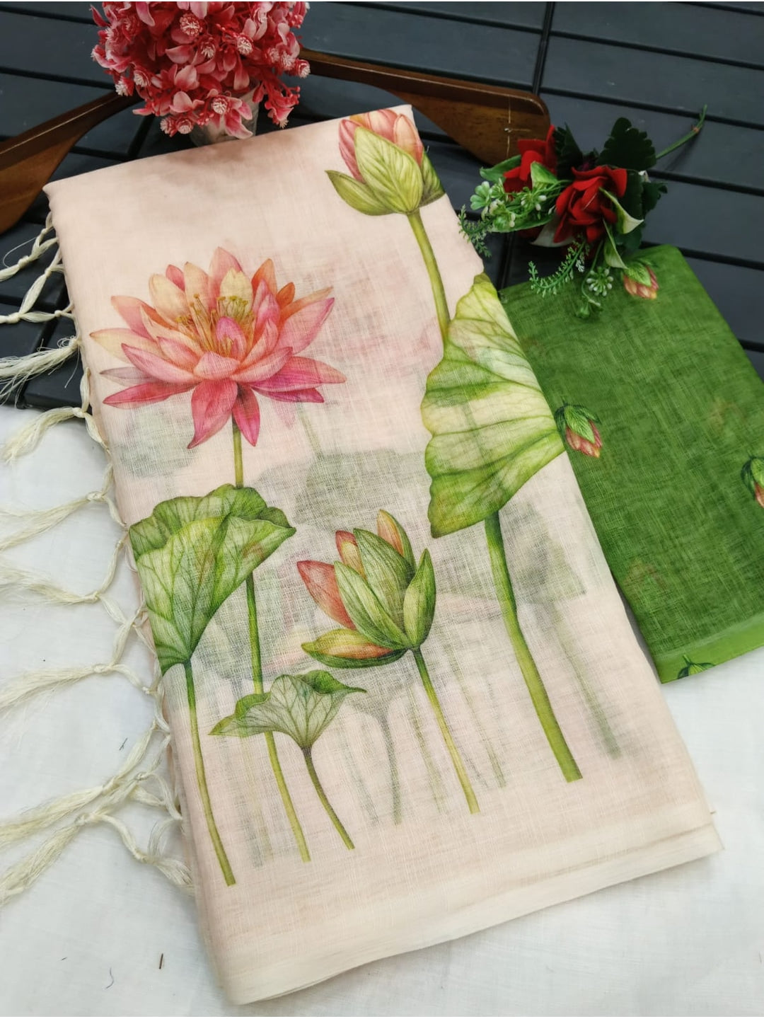 Peachmode Peach Printed Linen Saree - Image 4