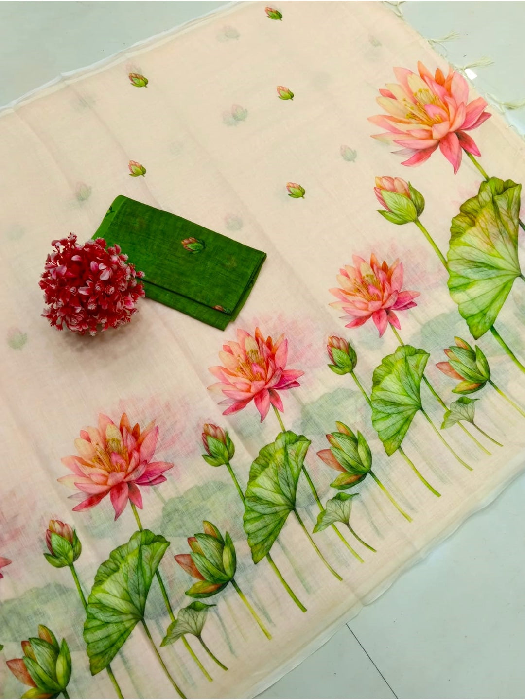 Peachmode Peach Printed Linen Saree - Image 5