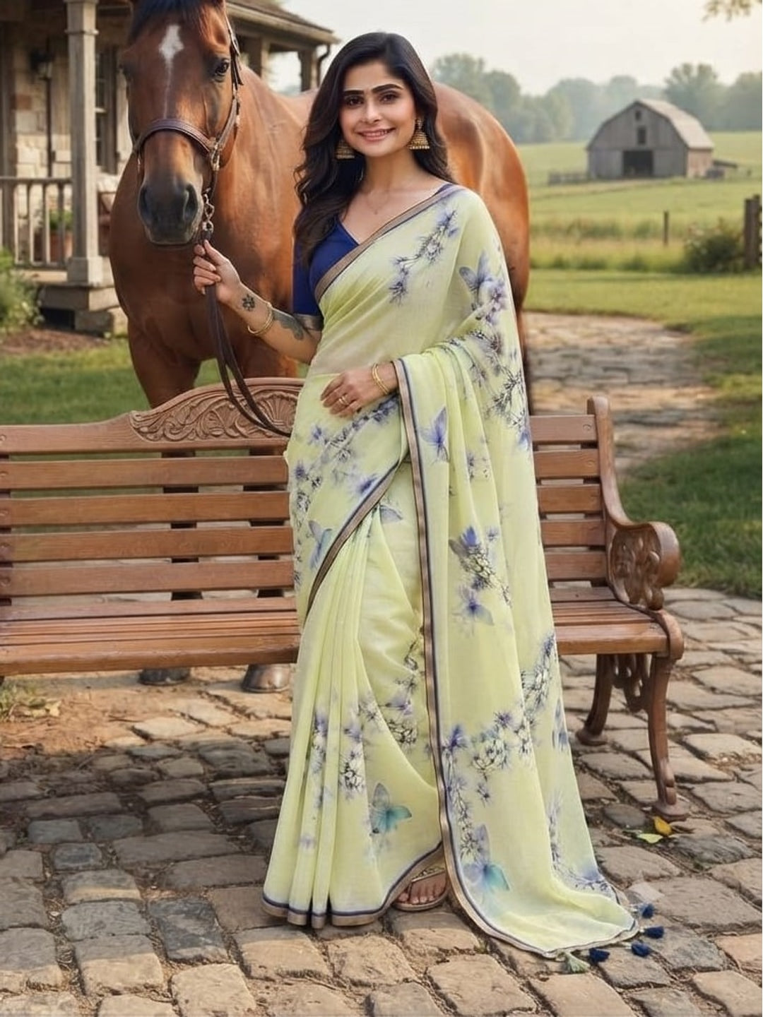Peachmode Lemon Yellow Printed Linen Saree - Image 1