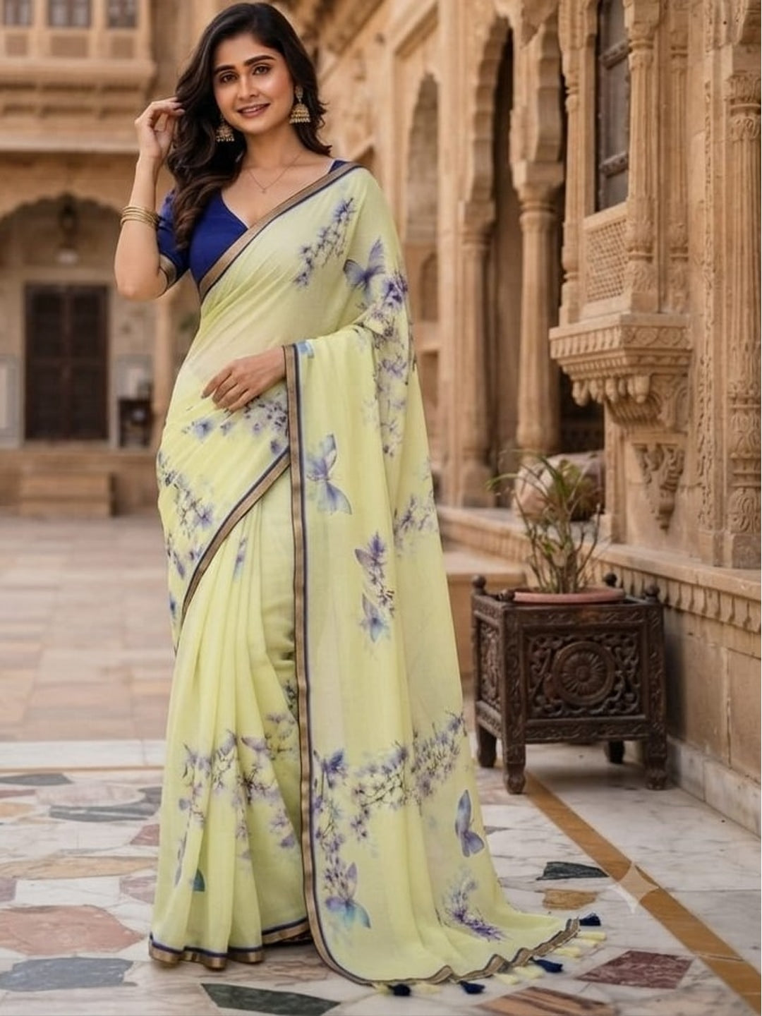 Peachmode Lemon Yellow Printed Linen Saree - Image 3