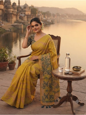 Peachmode Mustard Printed Linen Saree - Image 2
