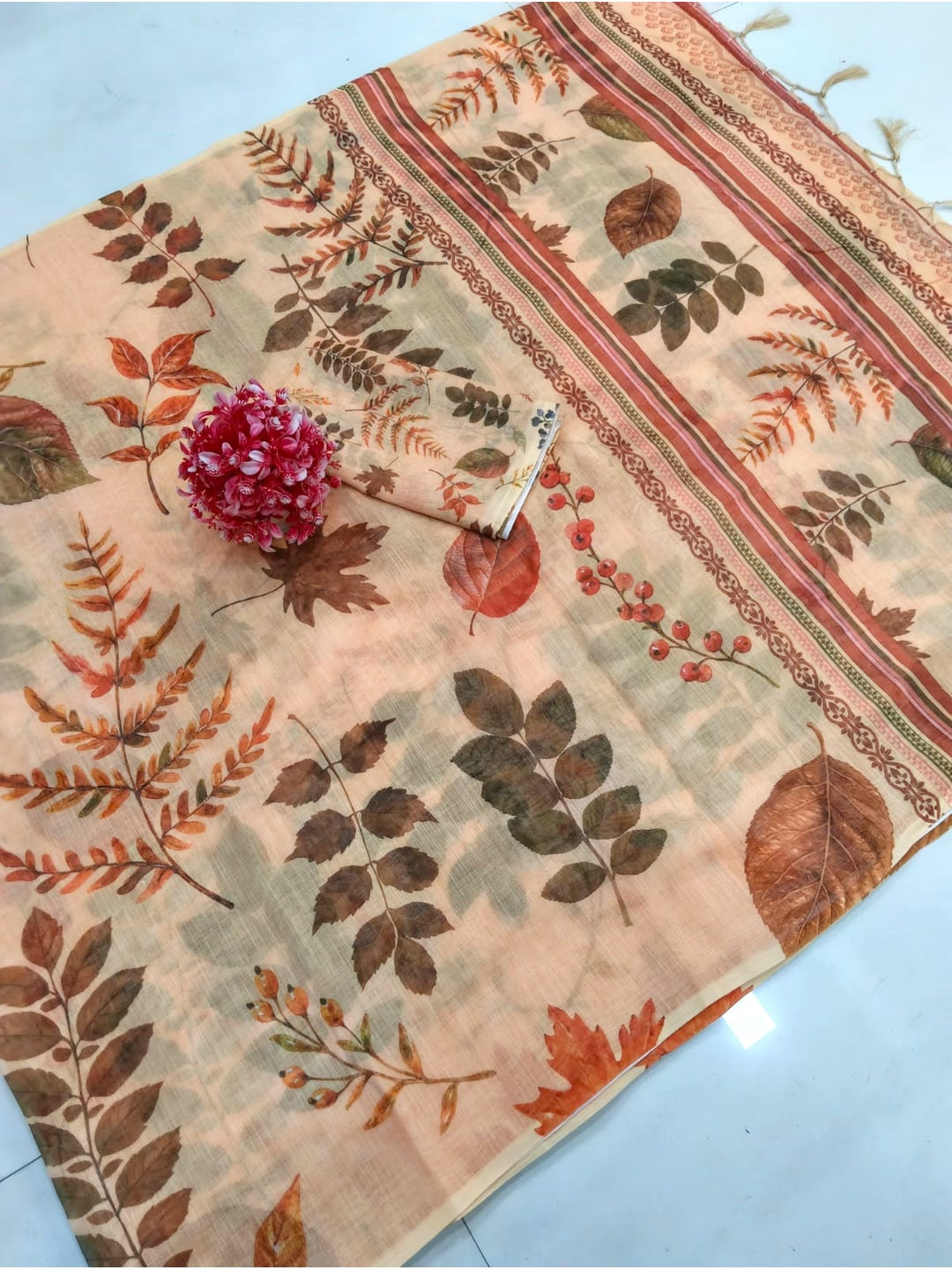 Peachmode Peach Printed Linen Saree - Image 4
